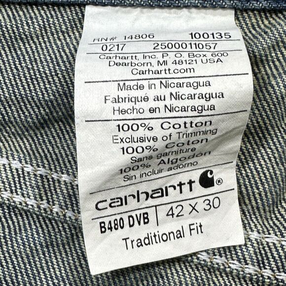 Carhartt Jeans Mens 42x30 Blue‎ Traditional Fit Workwear Denim Pants - Picture 4 of 12
